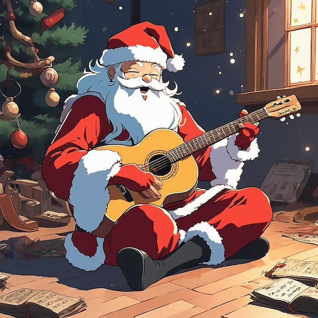 Um Papai Noel tocando violão sentado em um feitiço mágico ao seu redor no chão Studio Ghibli Anime Arts
