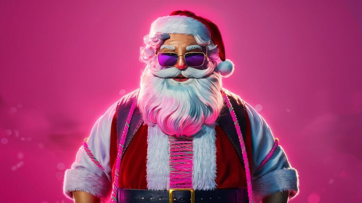 Foto um papai noel vestindo um par de óculos de sol elegantes e de pé contra um fundo rosa