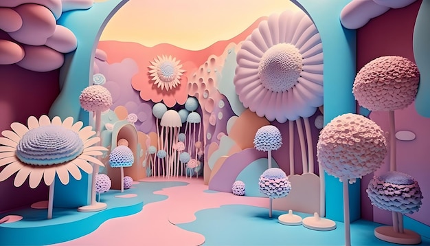 Um papel 3d cortado de uma floresta com uma paisagem azul e rosa.