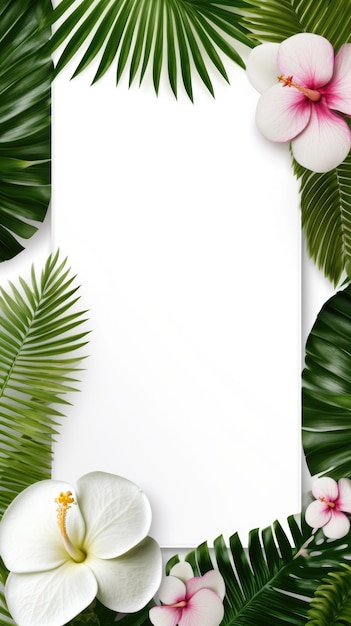 Um papel branco cercado por folhas e flores tropicais Imagem digital