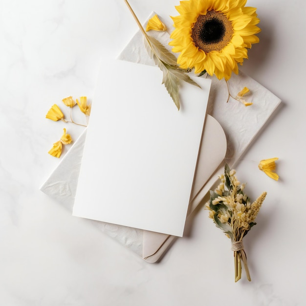 Um papel branco com flores amarelas está sobre uma mesa de mármore.