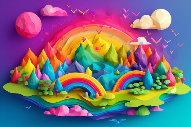 Um papel colorido cortado de um mundo imaginário de arco-íris