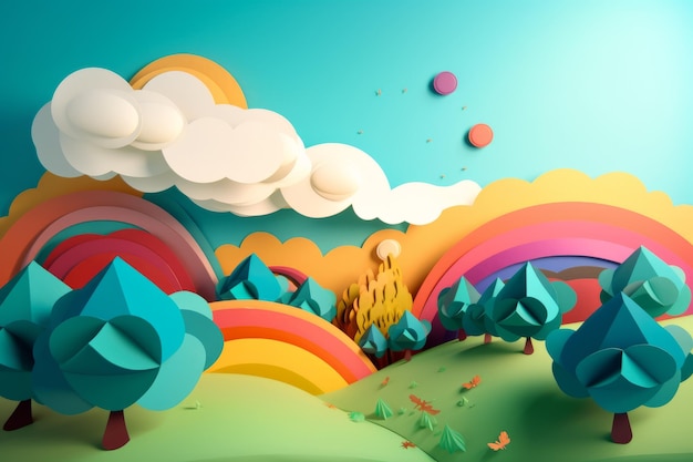 Um papel colorido recortado de uma paisagem com um arco-íris e árvores.