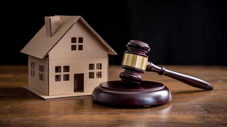 Um papel de papelão cortado modelo de casa com martelo de juiz em uma mesa de madeira propriedade de direito imobiliário