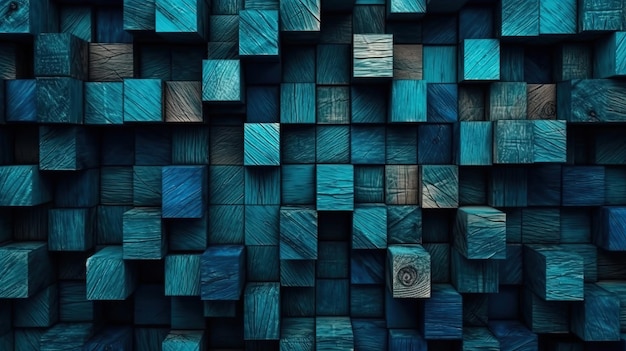 Um papel de parede com cubos de madeira azuis