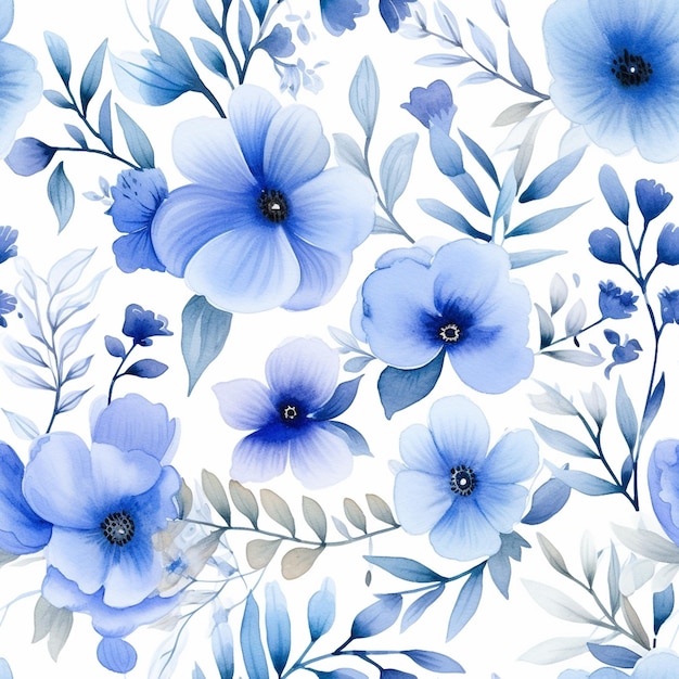 um papel de parede com flores azuis e folhas e flores azul.