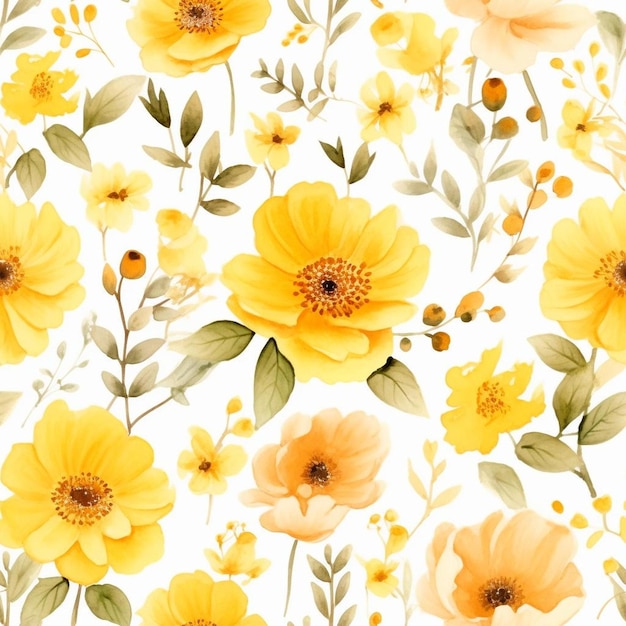 Um papel de parede com flores e folhas amarelas e um fundo amarelo.