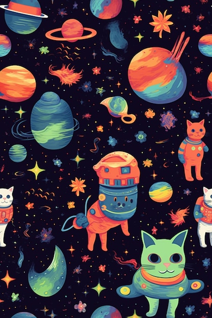 Um papel de parede com tema de espaço com um gato e planetas.