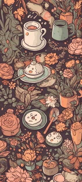 Um papel de parede com um monte de pratos e xícaras de chá e flores.