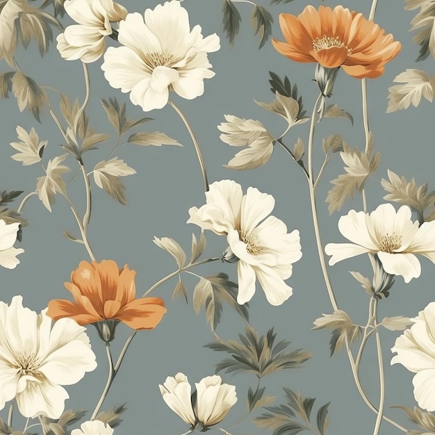 Um papel de parede com um padrão de flores laranja e branco