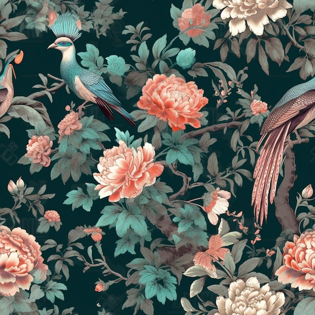 Um papel de parede com um pássaro e flores