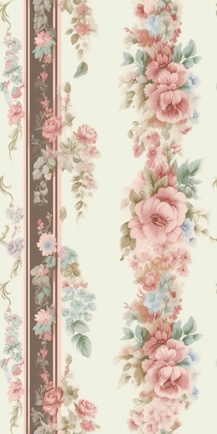 Um papel de parede com uma borda floral e flores rosa e azuis.