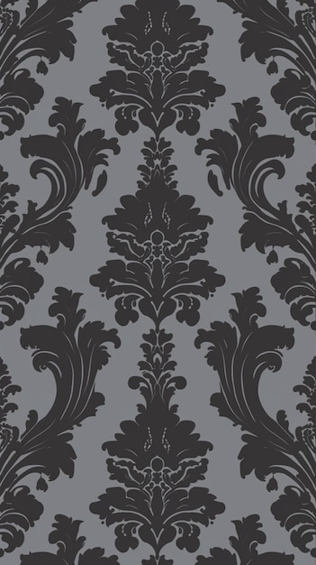 Um papel de parede damasco cinza e preto com um design floral.