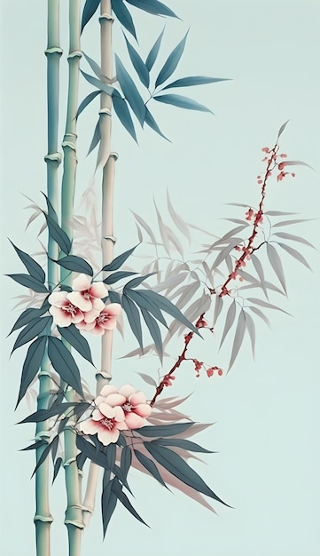 Um papel de parede de bambu com uma flor rosa e um ramo verde com a palavra bambu.