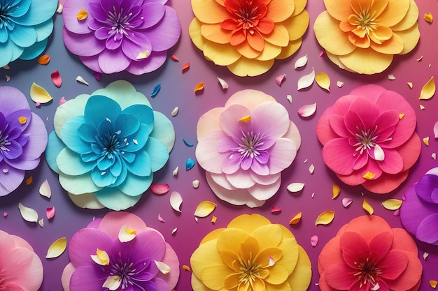 Um papel de parede de flor de papel colorido com um fundo de arco-íris.