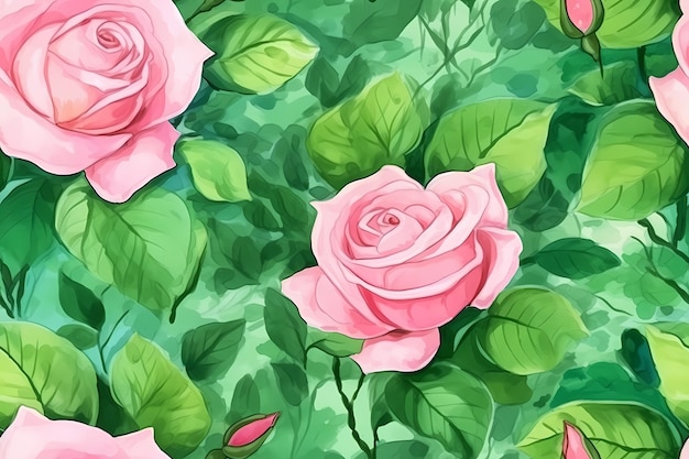 Um papel de parede de flores cor de rosa com folhas verdes e sublimação de aquarela de rosas cor de rosa