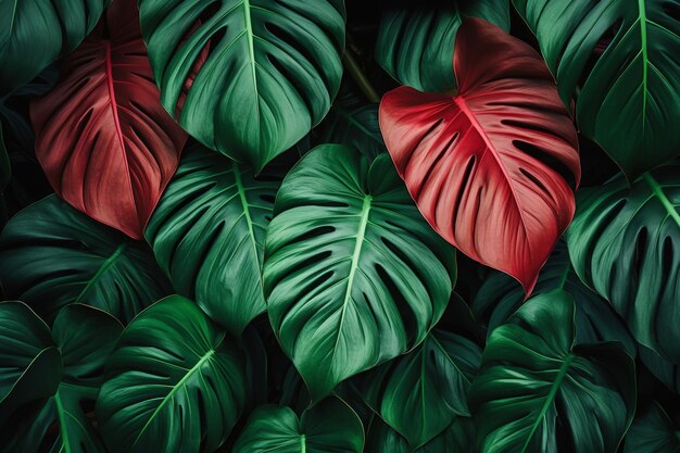 Foto um papel de parede de folhas tropicais que é verde e vermelho