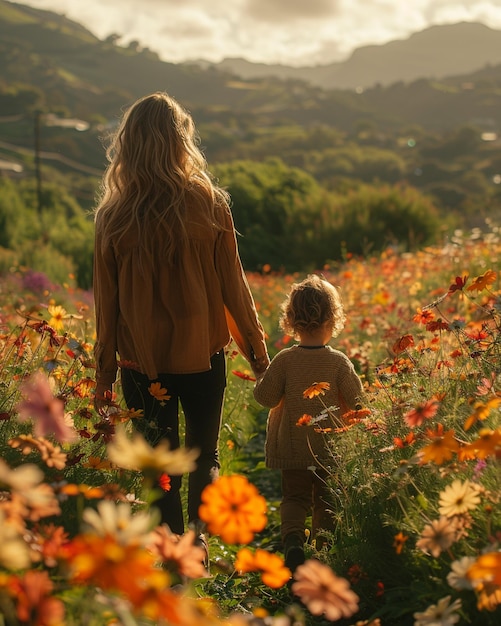 Um papel de parede de silhueta de mãe e filho caminhando