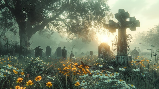Um papel de parede em forma de cruz de um cemitério nebuloso
