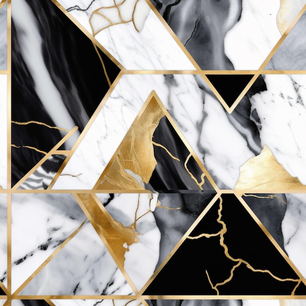 Um papel de parede em mármore preto e branco com triângulos dourados.