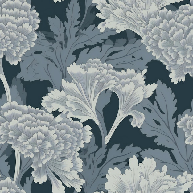 Um papel de parede floral azul e cinza com um padrão floral.