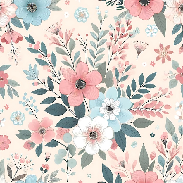um papel de parede floral com flores azuis e cor-de-rosa