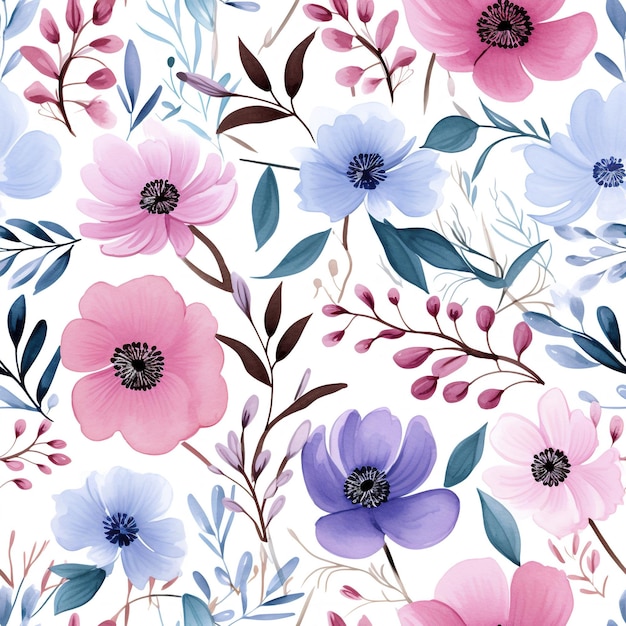 um papel de parede floral com flores e folhas