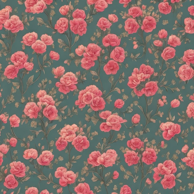 Um papel de parede floral com fundo verde e flores cor de rosa.