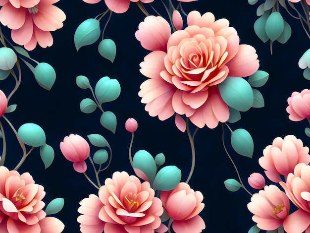 Um papel de parede floral com uma flor rosa e folhas nele