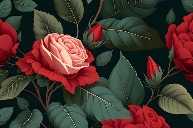 Um papel de parede floral preto com fundo verde e uma flor vermelha.