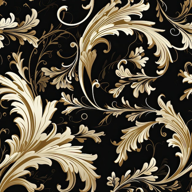 um papel de parede floral preto e dourado com um padrão de flor dourado