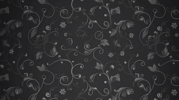 Um papel de parede floral preto e prateado com um fundo preto.