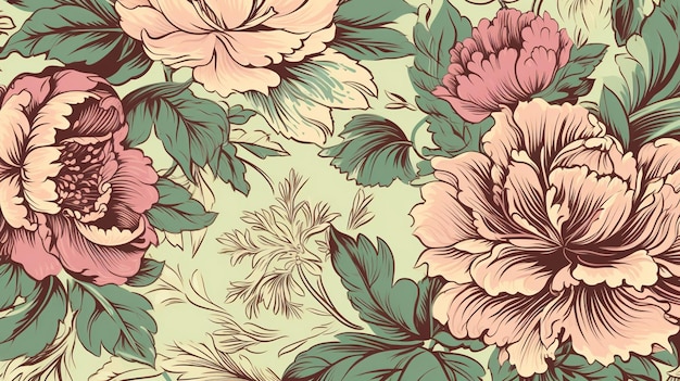 Um papel de parede floral que é verde e rosa.