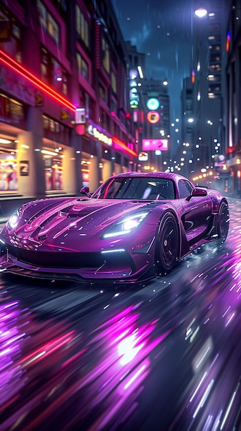 Um papel de parede futurista de carro esportivo neon roxo