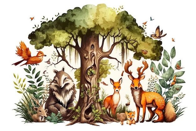 Um papel de parede mural de uma floresta com animais