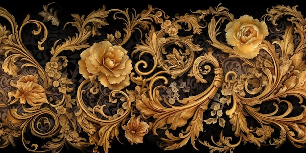 Um papel de parede preto e dourado com flores e folhas douradas.