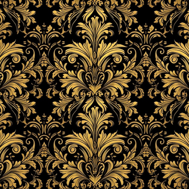 um papel de parede preto e dourado com um padrão floral dourado generativo ai