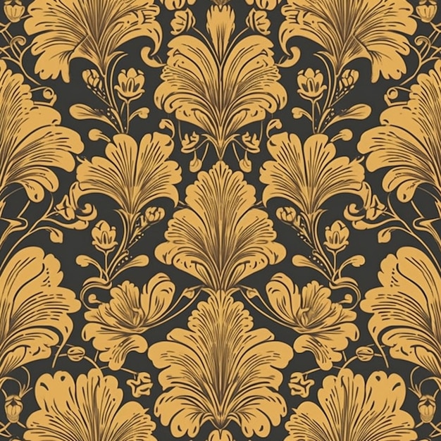 Um papel de parede preto e dourado com um padrão floral.