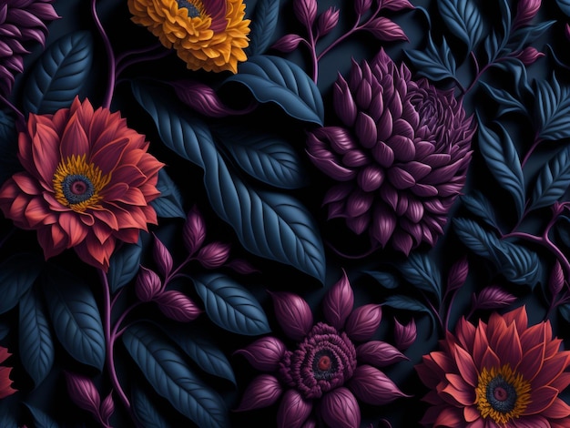 Um papel de parede preto e roxo com um padrão floral e flores.