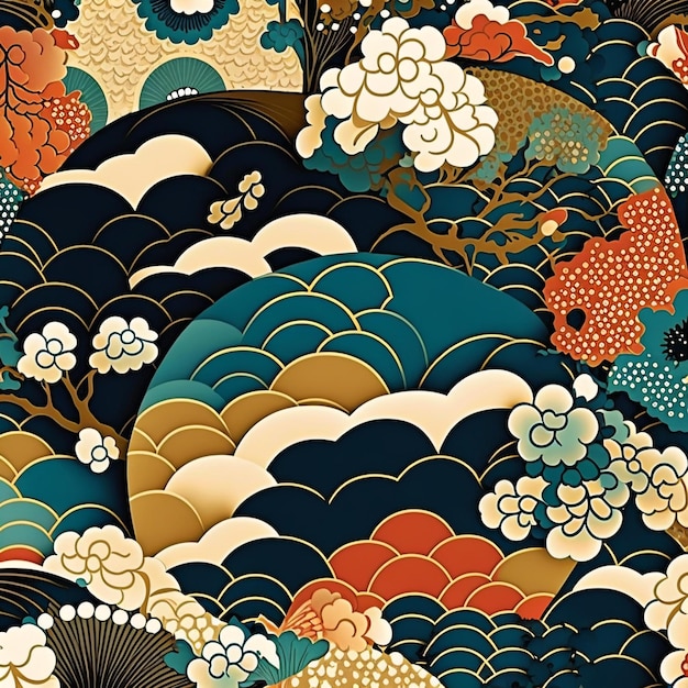 Um papel de parede que tem um padrão de flores e árvores japonesas.