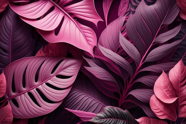 Um papel de parede roxo com folhas rosa e flores rosa.