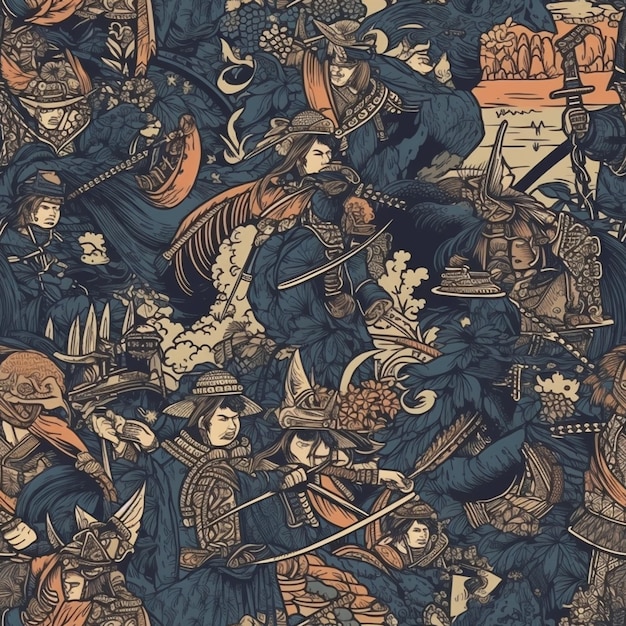 Um papel de parede samurai japonês azul escuro com muitas pessoas ao fundo.