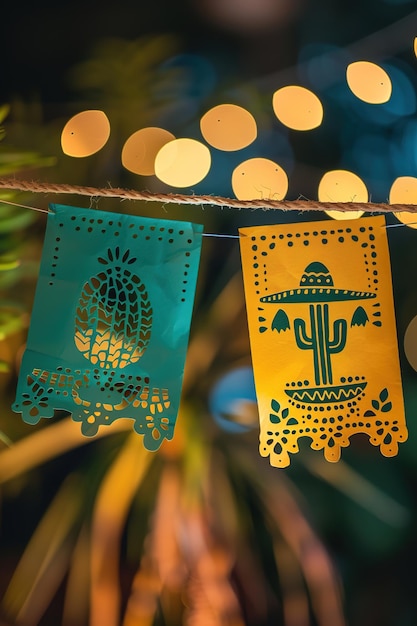 Um papel picado colorido pendurado como decoração festiva para o Cinco de Mayo