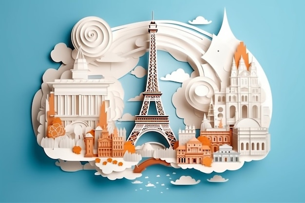 Um papel recortado de Paris com uma cidade e a torre Eiffel.