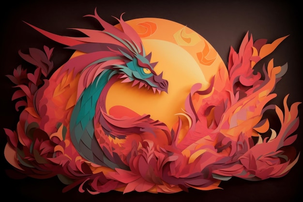 Um papel recortado de um dragão com um sol atrás dele.