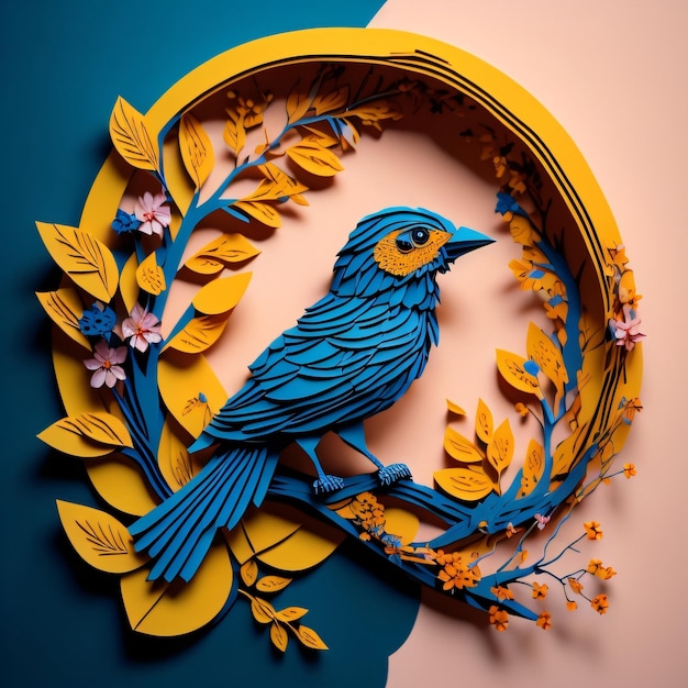 Um papel recortado de um pássaro com um círculo de folhas e flores.