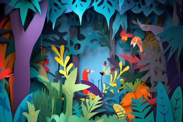Um papel recortado de uma cena de selva com um pássaro e um gato.