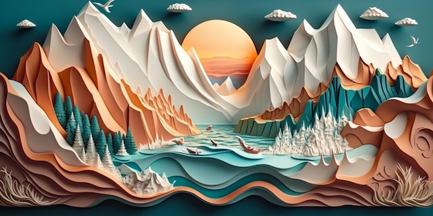 Um papel recortado de uma paisagem montanhosa com montanhas e um lago com um barco em primeiro plano.