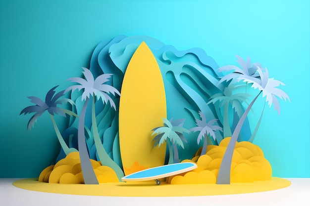 Um papel recortado de uma praia com palmeiras e uma prancha de surf.
