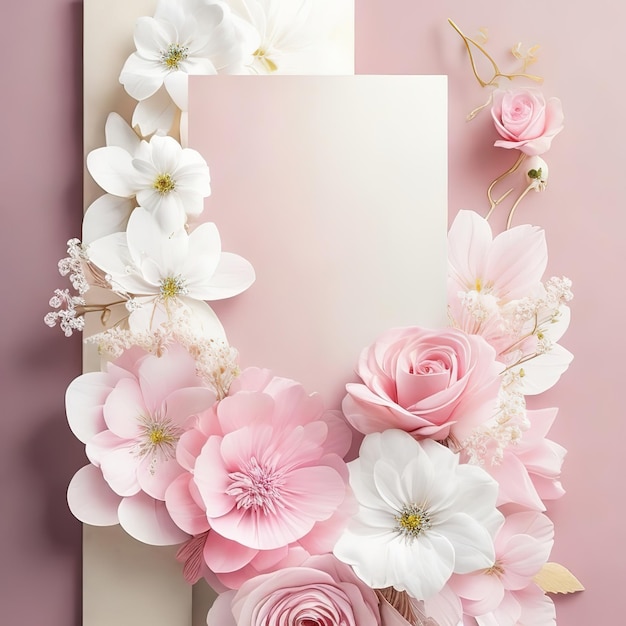 Um papel rosa e branco com flores nele